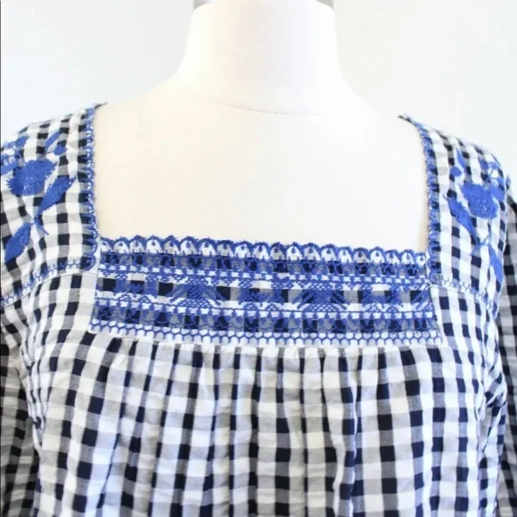 J Crew Navy White Gingham Plaid Blue Floral Embroidered Peasant Top Size Small - Picture 2 of 6